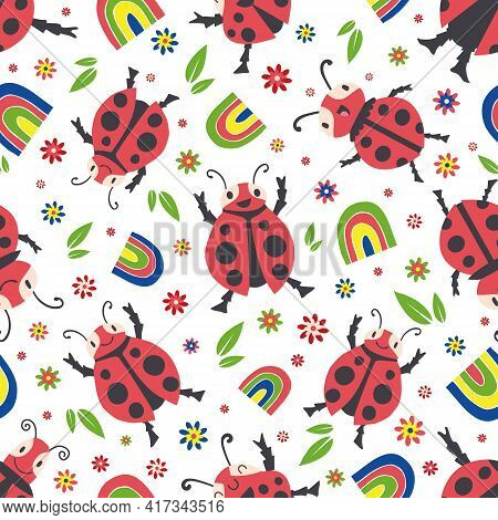 Cute Ladybirds And Rainbows Seamless Vector Pattern Background. Happy Dancing Ladybugs In Childlike 