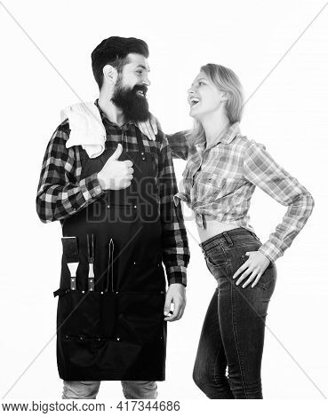 Backyard Barbecue Party. Couple In Love Getting Ready For Barbecue. Picnic And Barbecue. Man Bearded