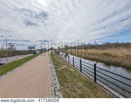 Pruszcz Gdanski, Poland - April 4, 2021: View Of Radunia Canal And Walking And Cycling Path.