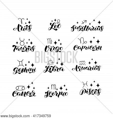 Collection Of Zodiac Brush Lettering. Zodiac Symbols. Vector Stock Illustration For Banner Or Clothe