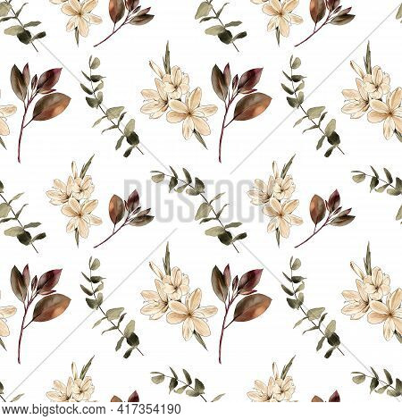 Flowers And Branches On A White Background, Watercolor Painting, Seamless Pattern.