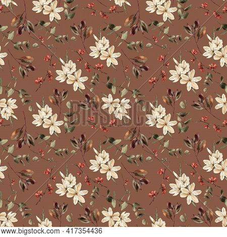 Flowers And Branches On A Red Brown Background, Watercolor Painting, Seamless Pattern.