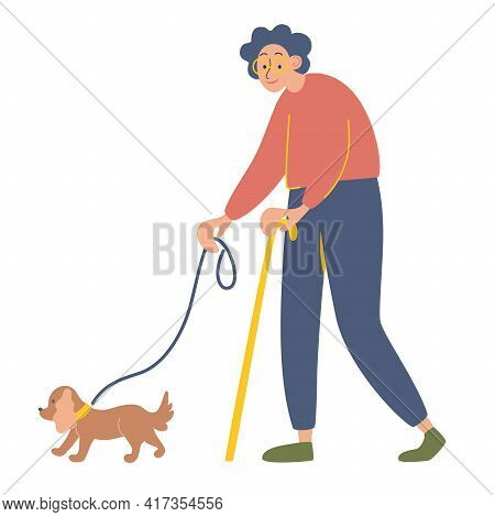 Elderly Woman With A Cane On A Walk With Her Beloved Dog. Happy Old Lady With Her Favorite Pet. Heal