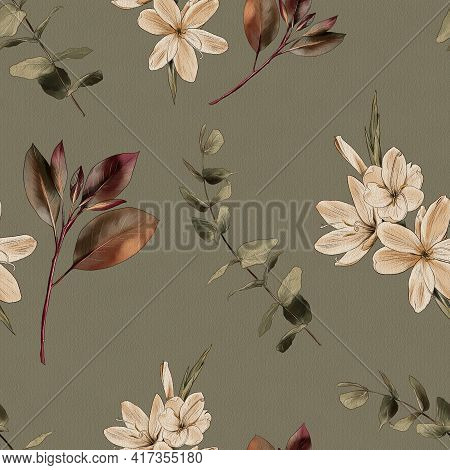 Botanical Vintage Seamless Pattern. Flowers And Branches On A Green Background, Watercolor Painting,