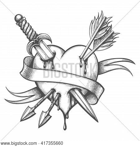 Tattoo Of Heart Pierced By Knife And Arrows Drawn In Engraving Style. Vector Illustration.