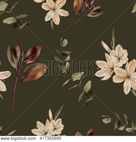 Botanical Vintage Seamless Pattern. Flowers And Branches On A Green Background, Watercolor Painting,