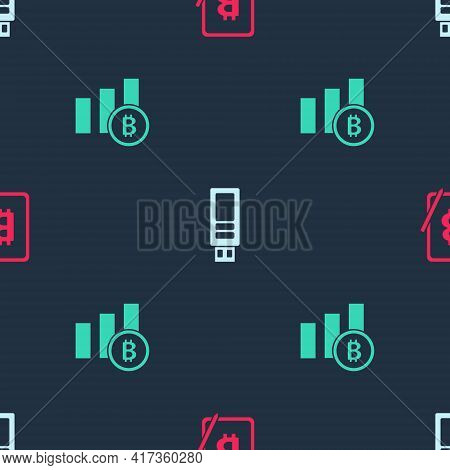 Set Mining Bitcoin From Tablet, Usb Flash Drive And Pie Chart Infographic On Seamless Pattern. Vecto