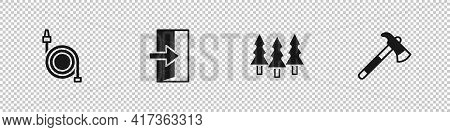 Set Fire Hose Reel, Exit, Forest And Firefighter Axe Icon. Vector