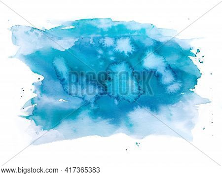 Hand Painted Blue Watercolor Background, Watercolor Spot, Splashes. Watercolor Texture On White Back