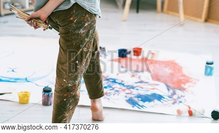 Painting Hobby. Art Therapy. Imagination Creativity. Back View Of Female Artist In Stained Clothes W