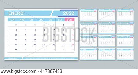 Spanish Calendar For 2022 Year. Planner Template. Vector. Week Starts Monday. Table Schedule Grid. C