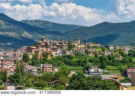 View Of Montereale Mountain Village Located In The Gran Sasso E Monti Della Laga National Park, Abru