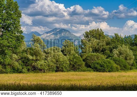 Landscape At Lake Of Campotosto In Abruzzo, Italy. A Huge Artificial Lake At 1400 Meters Above Sea L