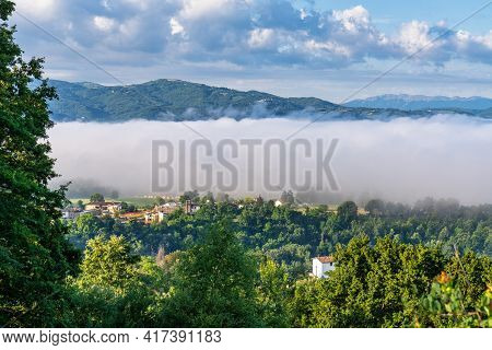 Foggy Morning View From The Hills Of San Capone To The Sibillini Mountains Park In Italy, Europe