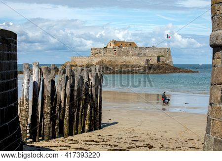 St Malo, France - September 14, 2018: View Of The Fort National In Saint Malo A Tidal Island In The 
