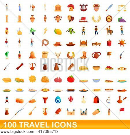 100 Travel Icons Set. Cartoon Illustration Of 100 Travel Icons Vector Set Isolated On White Backgrou