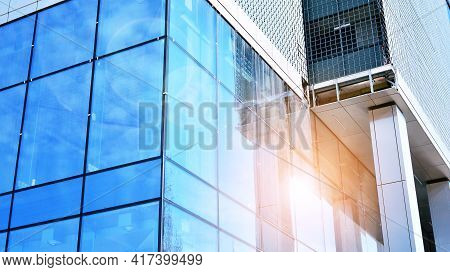 Downtown Corporate Business District Architecture. Glass Reflective Office Buildings Against Blue Sk