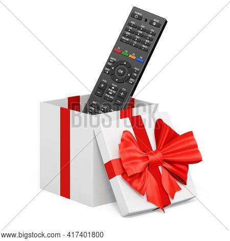 Tv Remote Control Inside Gift Box, Present Concept. 3d Rendering Isolated On White Background