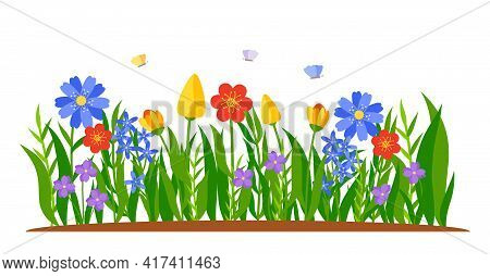 Border Of Flowers Growing In Grass. Spring Tulips, Daffodils Or Daisies In Flat Cartoon Style. Flowe