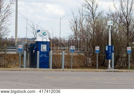 Ottawa, Ontario, Canada - April 12, 2021: A Public Charging Station For Electric Vehicles (evs) At T