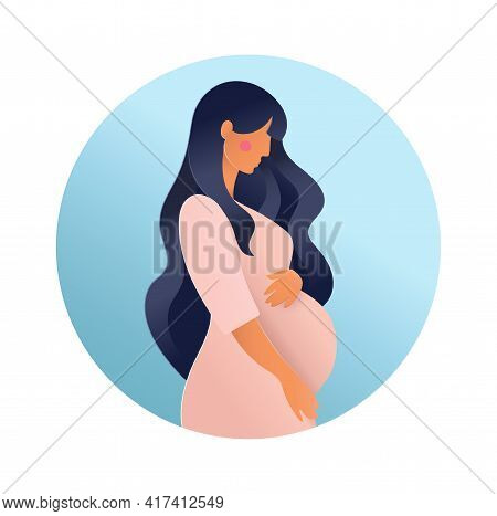 Pregnant Woman Side View, Round Pregnancy Logo In Trendy Graphic Paper Cut Craft Style. Modern Desig