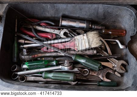 Old Box With Tools Equipment On Floor Against For Fix Mechanic Motor In Workshop Inustrial