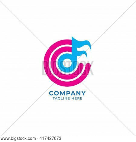 Musical Note With Letter C Alphabet. Music Wave Logo Concept. Light Blue And Pink Magenta Color Them