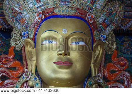 Close Up Of Colorful Statue Of Maitreya Buddha At Tibetan Buddhist Thiksey Monastery Near Mountain V