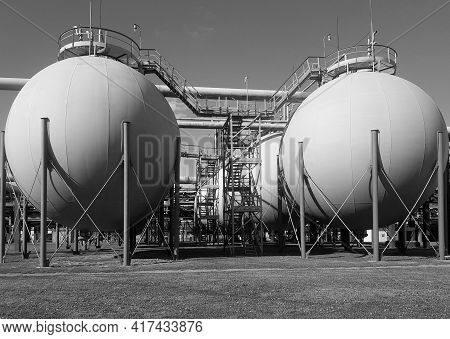 Ball Air Gasholder Of The Control And Measuring Device. Black And White Photo