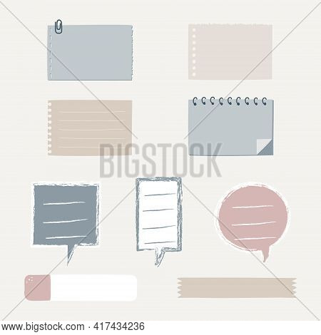 Set Of Cute Hand Drawn, Doodle Blank Sticky Note Pad With Tape, Speech Bubble Balloon Think, Speak, 