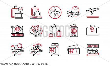 Airport Line Icons Set. Boarding Pass, Baggage Claim, Departure. Connecting Flight, Tickets, Pre-ord