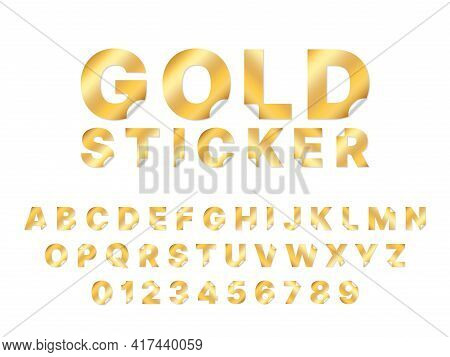 Sticker Gold Font. Paper Golden Alphabet Curl Corners, Peel Off Elements, Metal Folding Foil Trendy 