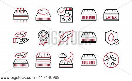Mattress Line Icons Set. Breathable, Memory Foam, Latex. Washable Pillow, Bed Tick Icons. Light Weig