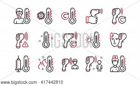 Temperature Line Icons. Thermometer, Check Body Temperature, Fever Diagnostic. Coronavirus Control, 