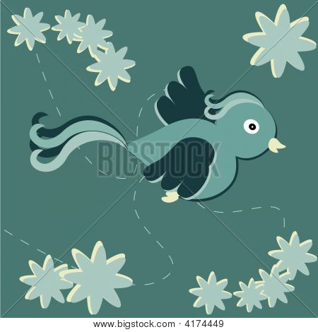 Kortdesign med en flyvende fugl, og blomster