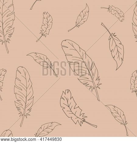 Seamless Pattern With Feathers. Seamless Background. Contour Drawing. Vector Illustration. Flat. Bro