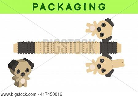 Party Favor Box Die Cut Pug Dog Design For Sweets, Candies, Small Presents, Bakery. Package Template