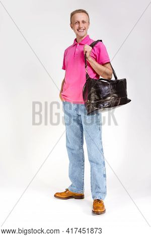 Lifestyle Concepts. Full Length Portarit Of Positive Smiling Caucasian Handsome Man Posing With Leat