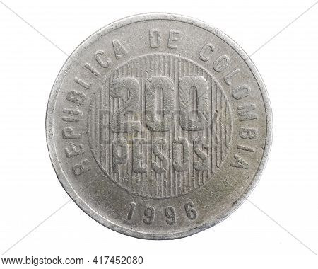 Colombia Two Hundred Pesos Coin On A White Isolated Background