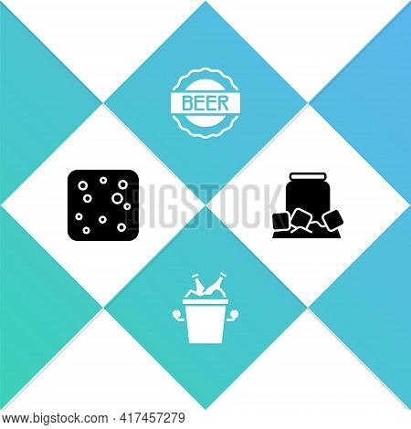 Set Beer Bubbles, Bottles In Ice Bucket, Bottle Cap With Beer And Cold Can Icon. Vector