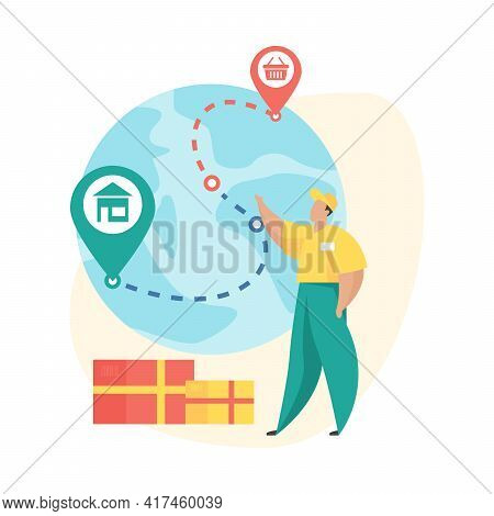 Order Shipped. Flat Vector Illustration. Mobile Shopping Order Status Icon. Deliverer Stands Next To
