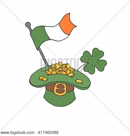 A St. Patrick's Day Card. Hat With Coins. Money In The Hat. Flag Of Ireland. Clover. Vector. Circuit