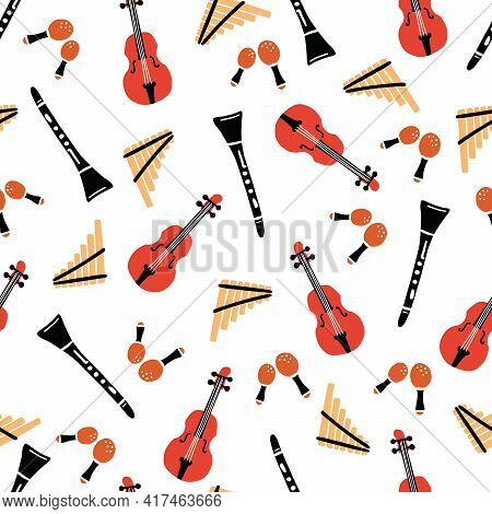 Hand Drawn Seamless Pattern Of Musical Instrument. Flat Sketch Style. Isolated Vector Illustration F