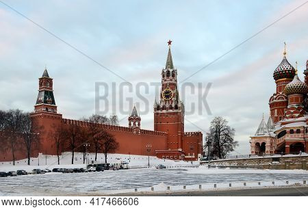 Spasskaya Tower Of The Moscow Kremlin On A Frosty Winter Morning