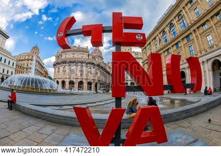Genoa, Italy - 20 March, 2021: Logo Of Genova Located In Piazza Raffaele De Ferrari, The Main Square
