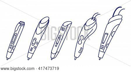 Five 3d Pens, Isolated Objects In Outline Style
