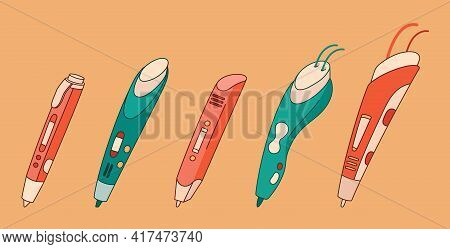 Five Different 3d Pens, Isolated Objects In Hand Drawn Style