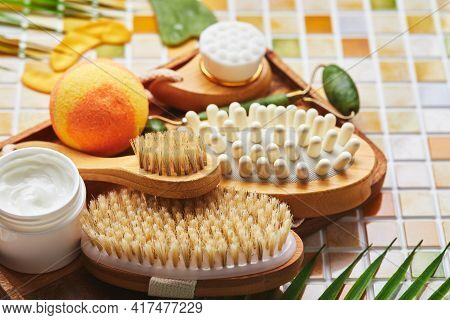 Jars Of Cream For Face And Body Care, Gold Eye Patches And Serum With Gold, Jade Roller Massager Gau