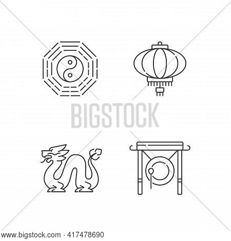 Lunar New Year Attributes Linear Icons Set. Bagua, Feng Shui. Paper Lantern. Loong Dragon. Chinese G