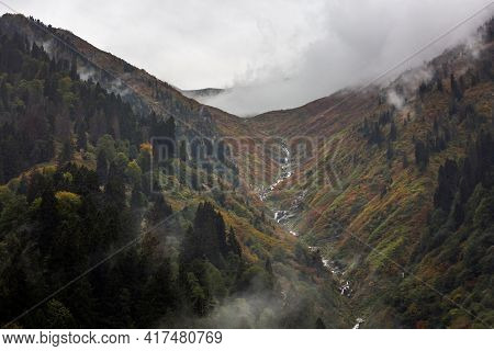 Ayder Plateau Natural Gelintulu Waterfall Surrounded By Autumn Colors Near Rize, Turkey.